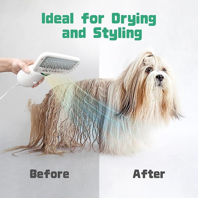 Pet Hair Dryer, 2-in-1 Dog Hair Brush Dryer With Slicker Brush, 300W Pet Grooming Dryer for Small and Medium-Sized Dogs and Cats, Portable ＆ Adjustable Temperature