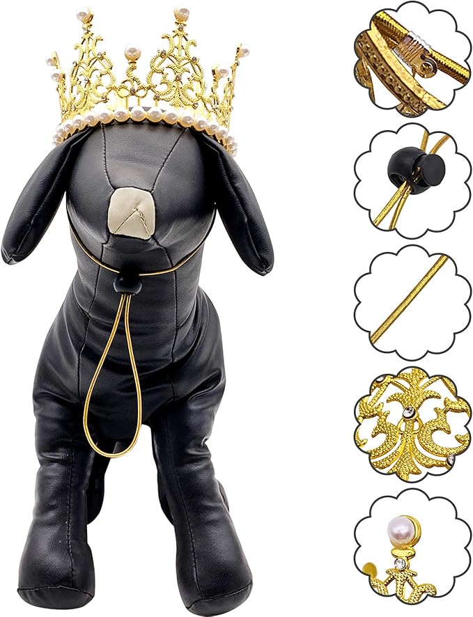 PET SHOW 2pcs Large Dog Crown Headband Sheep Big Pet Hat for Birthday Party Silver Gold Rhinestone Faux Pearl Crown for Boy Girl Wedding Hair Accessories Photo Prop Costume