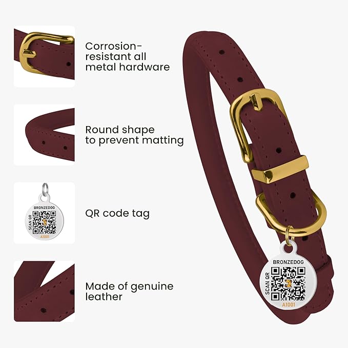 BRONZEDOG Rolled Leather Dog Collar with QR ID Tag Adjustable Soft Round Collars for Small Medium Large Dogs Puppy Cat (14" - 16" Neck Size, Burgundy)