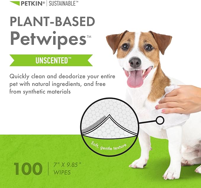 Petkin Plant-Based PetWipes, 100 Wipes - Biobased, Sustainable, Big & Thick Pet Wipes for Dogs & Cats - for Face, Paws, Ears, Body & Eye Area - Consciously Cleans & Conditions - Unscented