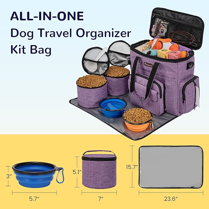 Modoker Dog Travel Organizer Carriers for Supplies & Accessories, Airline Approved Dog Cat Pet Travel Bag, 2 Collapsible Dog Bowls, 2 Travel Dog Food Container, Purple