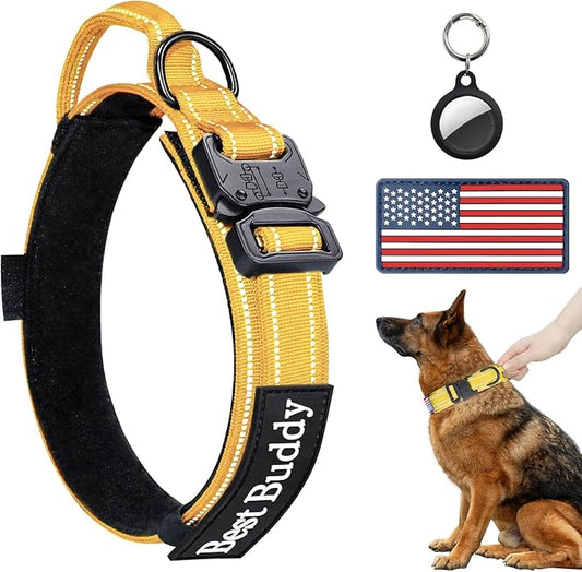 AUBELL Reflective Dog Collar, Tactical Dog Collar Military Dog Collar Adjustable Nylon Dog Collar with Handle and Quick Release Buckle for Medium Large Dogs, with Airtag Case and 2 Patches(Yellow, M)
