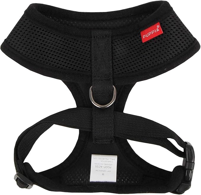 Puppia Soft Dog Harness No Choke Over-The-Head Triple Layered Breathable Mesh Adjustable Chest Belt and Quick-Release Buckle, Black, XX-Large