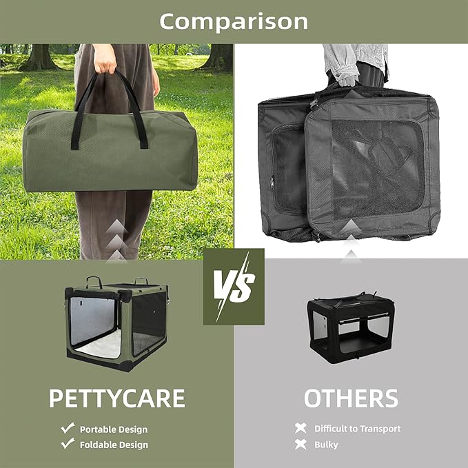 Pettycare Portable Travel Dog Crate 4-Door Soft Sided 36 Inch Collapsible Dog Crate with Curtains Durable Mesh Foldable Pet Kennel Soft Crates for Large Dogs Indoor & Outdoor Olive Green