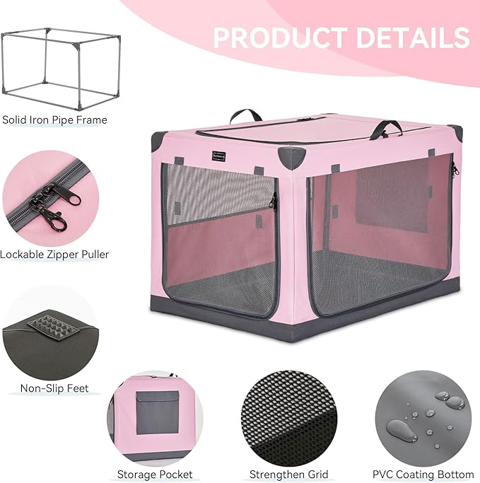 PETSFIT Soft Dog Crate, with Patented Adjustable Fabric Cover, Chewproof & Lockable Mesh Doors, Waterproof Base Collapsible Kennel Pink 30 Inch