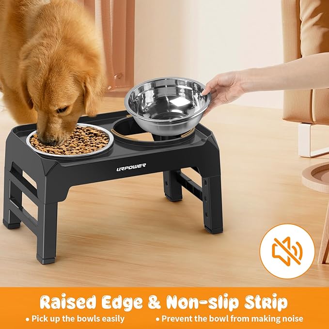URPOWER 4 Height Adjustable Elevated Dog Bowls - 50oz Large Capacity Stainless Steel Bowls, No-Spill Edge, Non-Slip Stand for Small, Medium, Large Dogs & Pets