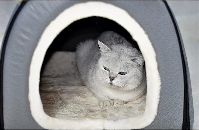 Dog Bed or Cat Bed,2 Ways to Use,Indoor Pet House with Fluffy Mat,Removable and Washable Cover,Splash-Proof House and Non-Slip Bottom,for Medium Dogs and Cats(L Grey Faux Leather)