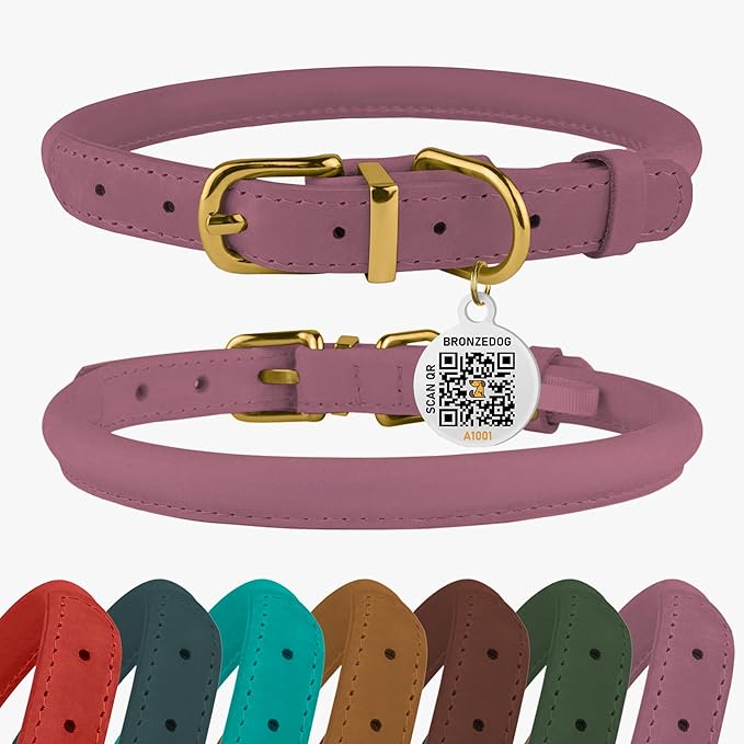 BRONZEDOG Rolled Leather Dog Collar with QR ID Tag Adjustable Soft Round Collars for Small Medium Large Dogs Puppy Cat (16" - 19" Neck Size, Lavender)