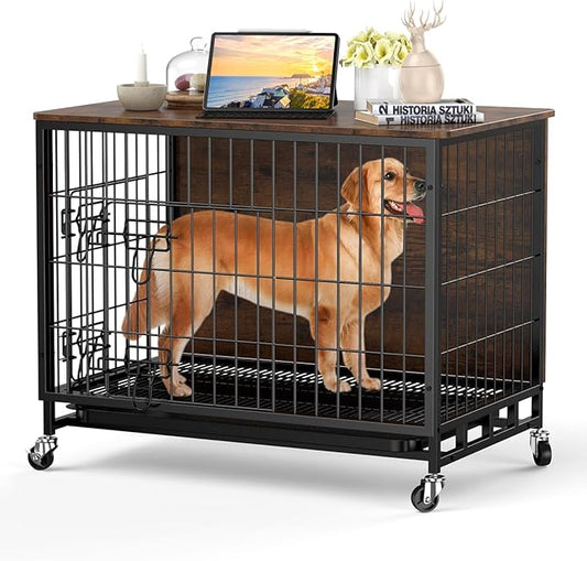 GAOMON 2024 New Elegant 38.6" Dual-Entry Large Dog Kennel & Stylish Furniture Piece: Easy-Clean, Chew-Proof, with Mobile Locking Wheels, Perfect Fusion of Pet Comfort & Home Decor - Rustic Brown
