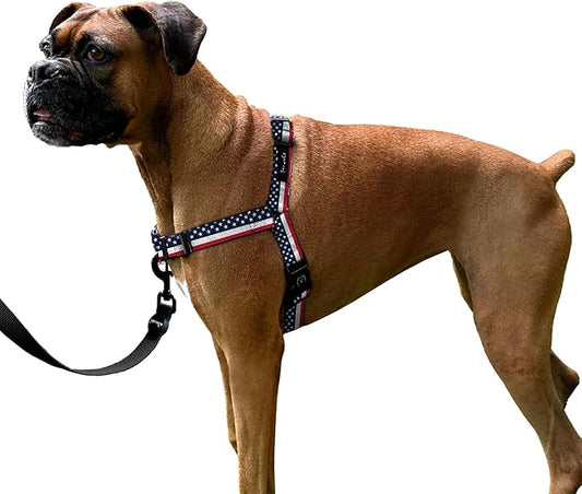 ShawnCo Dream Walk No-Pull Dog Harness- Adjustable, Comfortable, Easy to Use Pet Halter to Help Stop Pulling for Small, Medium and Large Dogs- Art Pattern Designs (Stars and Stripes, S)