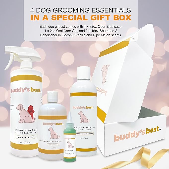 Buddy's Best Dog Gift Box for Holidays & Special Occasions - Pet Package with Odor Eradicator (32oz), Oral Care Gel (2oz), and Shampoo Bottles, Coconut Vanilla (16oz) & Ripe Melon (16oz)