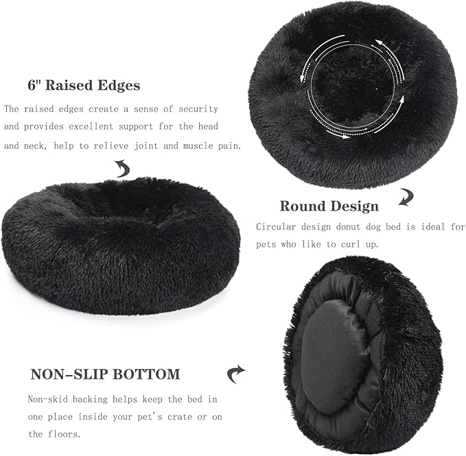 Black Dog Bed for Small Dogs Washble Calming Dog Bed for Small Dogs 23 Inch Fluffy Plush Black Dog Bed Round Donut Machine Washable Small Pet Bed.