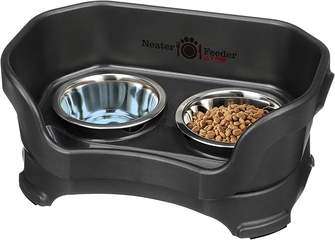 Neater Feeder Deluxe Mess Proof Dog Bowls Elevated for Small Breed – Made in USA – No Spill Raised Dog Food Bowl Stand – Stainless Steel Food and Water Bowl Set, Pet Feeding Station, Black