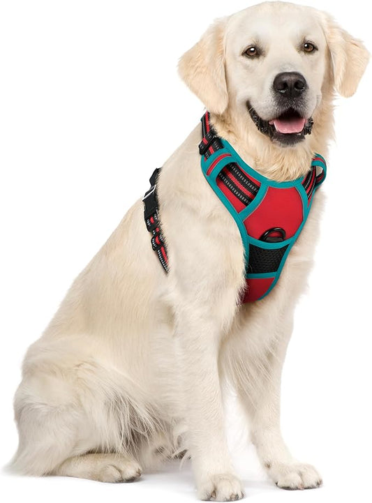 rabbitgoo Dog Harness, No-Pull Pet Harness with 2 Leash Clips, Adjustable Soft Padded Dog Vest, Reflective No-Choke Pet Oxford Vest with Easy Control Handle for Large Dogs, Red & Teal, XL