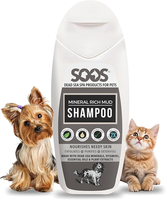 Soos Pet Dog Shampoo for Cats and Pets Mineral Rich Mud Natural Dead Sea Cruelty Free Fast Absorbing Skin Cooling First Aid Antib-acterial and Antif-ungal Odor Remover - 1x 250ml