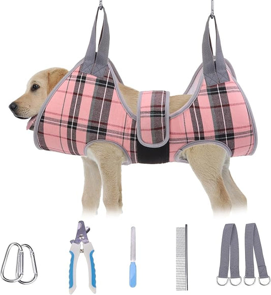 BEAUTYZOO Dog Grooming Hammock, Medium Dog Sling for Nail Trimming, Dog Hanging Harness for Claw Care with Thick Fabric Neck Support Wide Strap Restraint Cat Grooming Hammock, Pink L