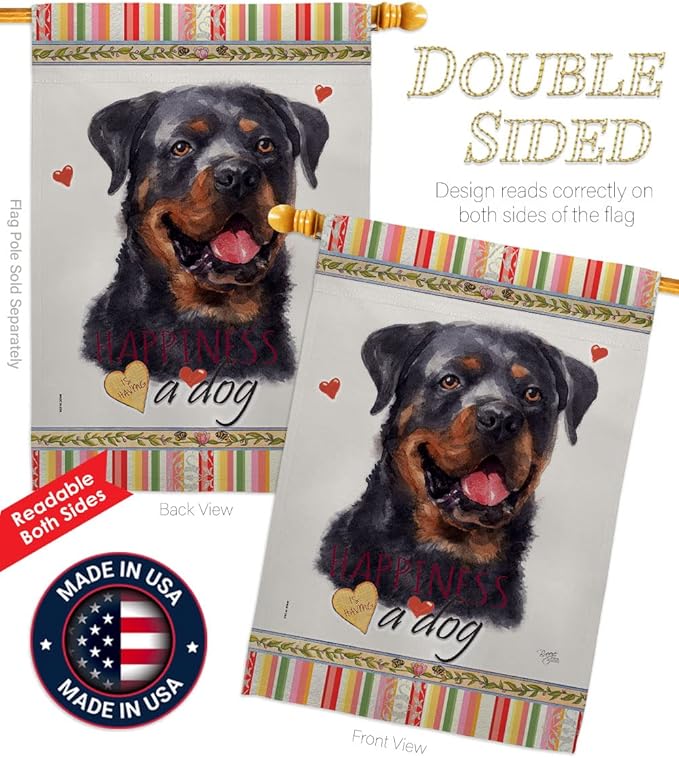 Breeze Decor Rottweiler Happiness Garden House Flag Kit Dog Puppy Spoiled Paw Canine Fur Pet Nature Farm Animal Creature Decoration Banner Small Yard Gift Double-Sided, Made in USA