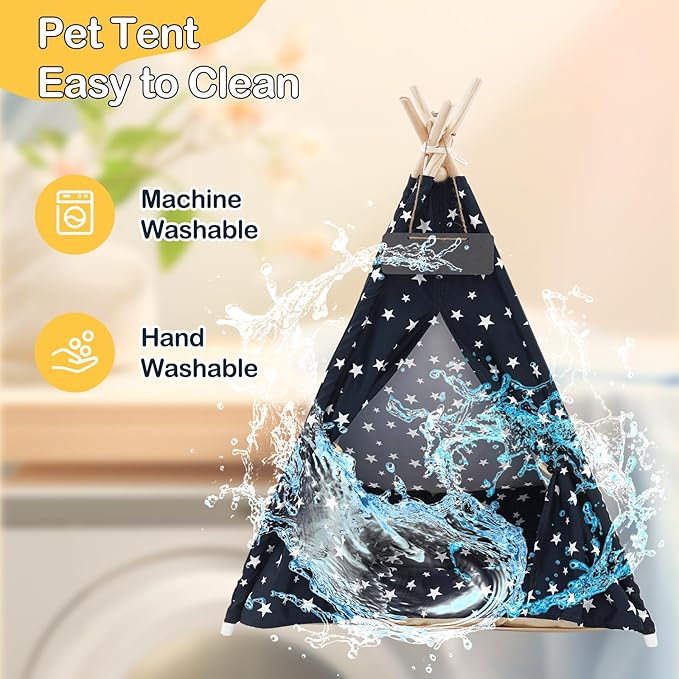 Pet Teepee Tent for Dogs & Cats, 24 Inch & 43 Inch Portable Indoor Dog House with Thick Cushion, Cat Teepee Washable Tent Dog Teepee Bed Indoor (43 Inch, Navy Blue Stars)