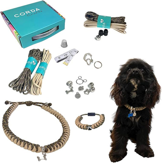 CORDA Crafts - Paracord Kit - Complete Accessories for Making Necklace Dog and Owner Matching Bracelet - Easy Video Tutorial - Waterproof Pet ID Tag Clip Included - Small Dog, Army