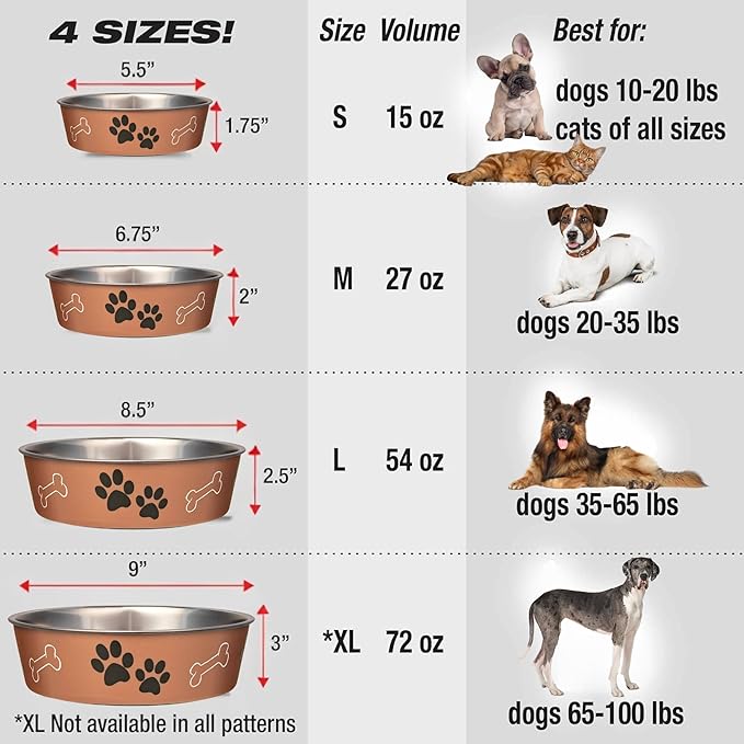 Loving Pets Bella Dog Bowls- Stainless Steel Dog & Cat Bowls - Spill Proof Dog Food Bowl, Cat Bowl, Puppy Essentials & Pet Supplies Great for Home & Travel (Large 35-65 lbs, Copper)
