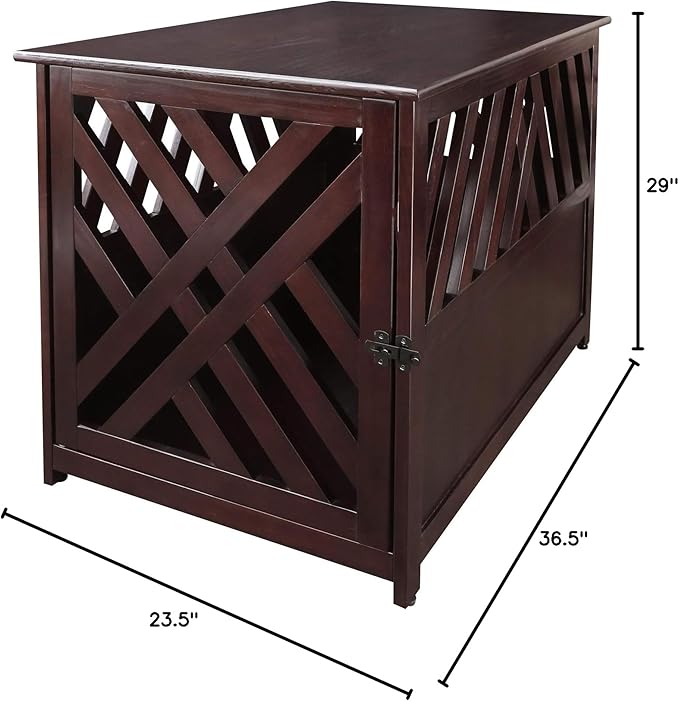 Casual Home Modern Lattice Wooden Pet Crate End Table - Espresso, Lockable, Spacious, Comfortable, Dog
