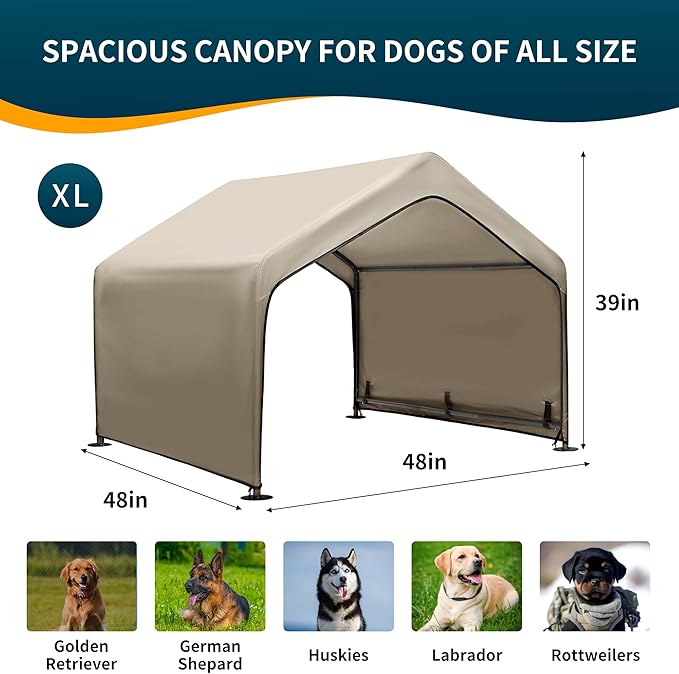Dog Tent Outdoor, Extra Large Dog House Outside, Big Dog Shade Shelter Waterproof Weatherproof Doghouse Canopy with Ground Nails, Sun Rain Cover for Pet Cat Goat Livestock, 4'x 4'x 3.3', Tan