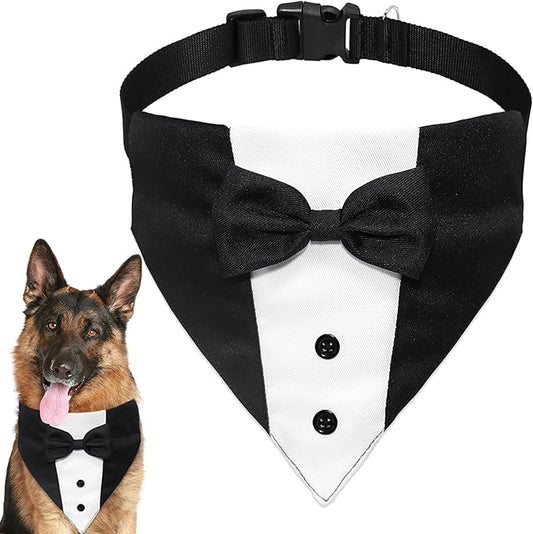 Dog Tuxedo Suit Wedding Bandana Collar with Bow Tie, Adjustable Formal Dog Tux Engagement Birthday Tuxedo for Large X-Large Dogs Pets (X-Large: Neck 21"-30")