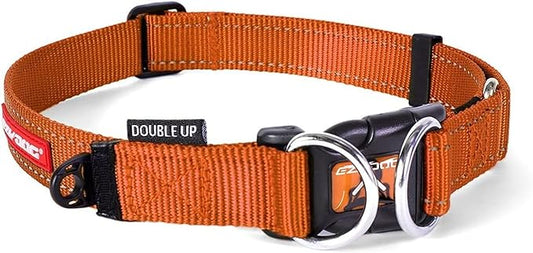 EzyDog Double Up Premium Nylon Dog Collar with Reflective Stitching - Double D-Rings for Superior Strength, Safety, and Comfortability - Non-Rusting and Includes an ID Attachment (Small, Orange)
