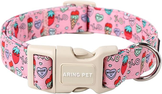 ARING PET Valentine's Day Dog Collar-Cotton Pink Girl Dog Collars, Adjustable Valentine Pet Collars Puppy Collar with Quick Release Buckle for Girl&Boy Dogs