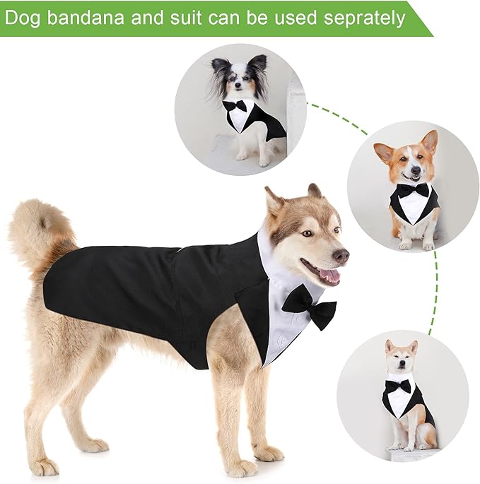 Weewooday Dog Tuxedo and Bandana Set Dogs Formal Tuxedo PET Wedding Party Suit Wedding Bow Tie Shirt for Christmas Halloween Birthday Costumes(Cute Style,Large)
