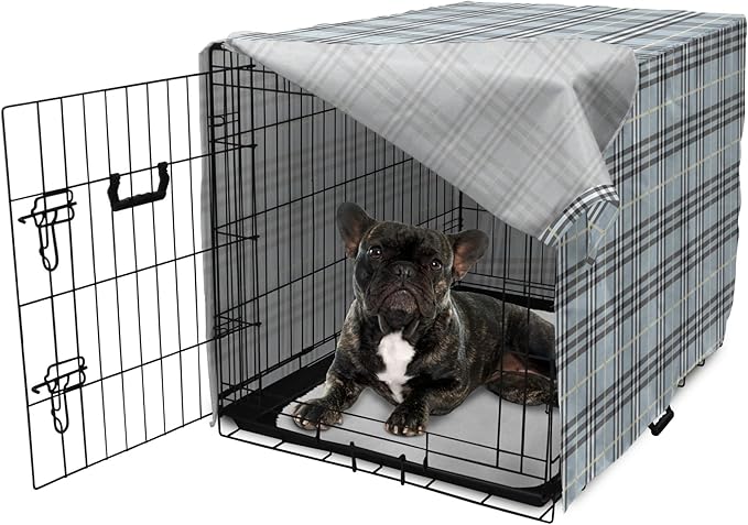 Lunarable Plaid Dog Crate Cover, Traditional Vintage Pattern with Modern Look Checkered Pastel Colored, Easy to Use Pet Kennel Cover for Cats & Medium Dogs, 24 Inch, Pale Blue Dimgray Cream