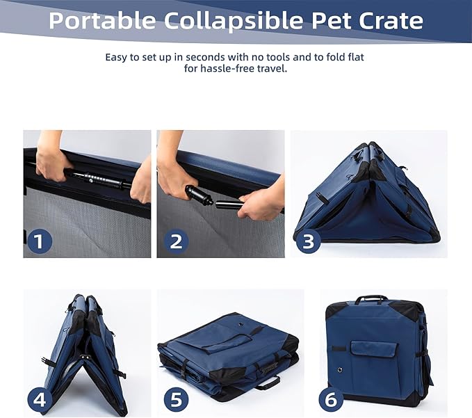 Pettycare 26 Inch Collapsible Dog Crate with Curtains Travel Dog Crate for Airflow and Calm Soft Pet Kennel with Portable Bag and More Chew Proof Mesh Indoor & Outdoor Navy Blue 4 Door Curtains
