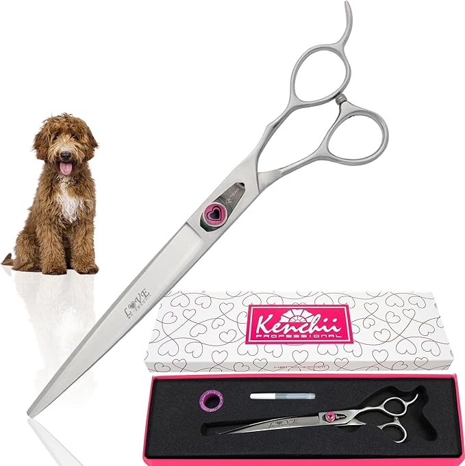 Kenchii Love Left Handed Dog Grooming Scissors, 8 Inch Curved Shears, Dog Scissors for Grooming, Professional Pet Grooming Scissors, Curved Dog Grooming Scissors