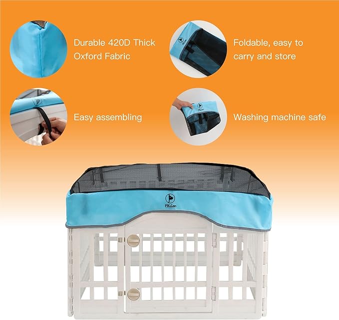 PJYuCien Dog Playpen Mesh Top Cover, Fits 36 Inch 4 Panels Regular Square Plastic Exercise Pet Pen, Adhesive Tape Connections, Blue (Note: Cover Only, Fence Not Included)