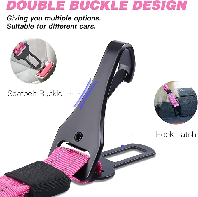 AUBELL Dog Seatbelt, Updated 3-in-1 Pet Car Seat Belt for Dogs, Bungee Dog Car Tether with Clip Hook Latch & Buckle, Heavy Duty Dog Car Harness with Swivel Aluminum Carabiner,Black+Hotpink