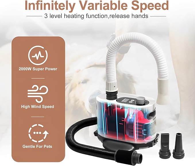 Free Hands Easy pet Grooming Dryer for Cats and Dogs & Drying Tool After Bath LCD Display 2 Soft＆Hard Blowpipe Adjustable Temperature and Speed Quiet