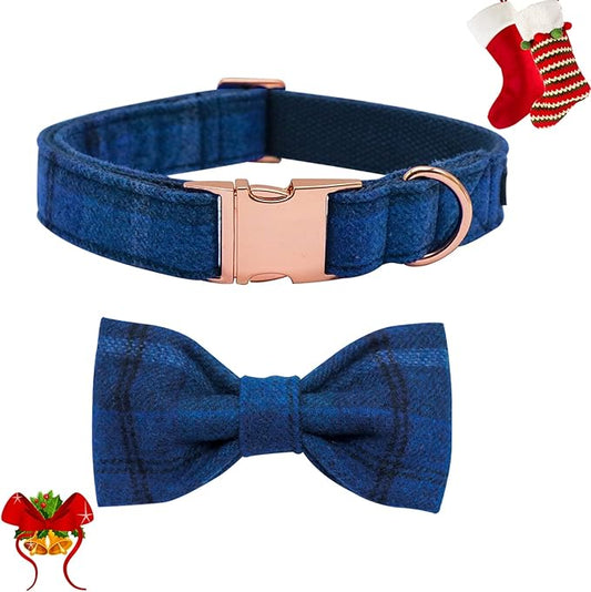 MACA Bates Dog Blue Woolen Collar with Nylon- Warm and Soft Bows Dog Collar for Large Medium Small Dogs, Adjustable Dog Collar with Metal Buckle for Boy and Girl in Winter, XS Puppy Collar