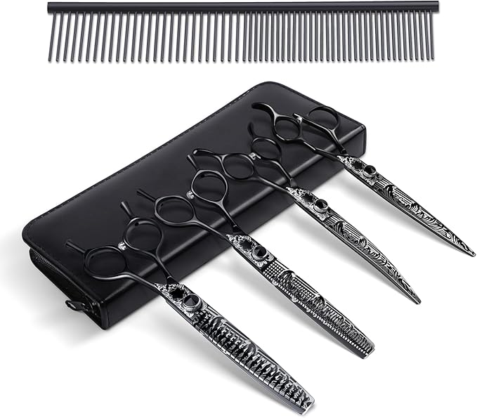 JASON Professional 6 in 1 Dog Scissors Set - Thinning Shear, Straight Scissor, Chunker, Down-curved Shears and Comb for Cat Pet (Black, 7")