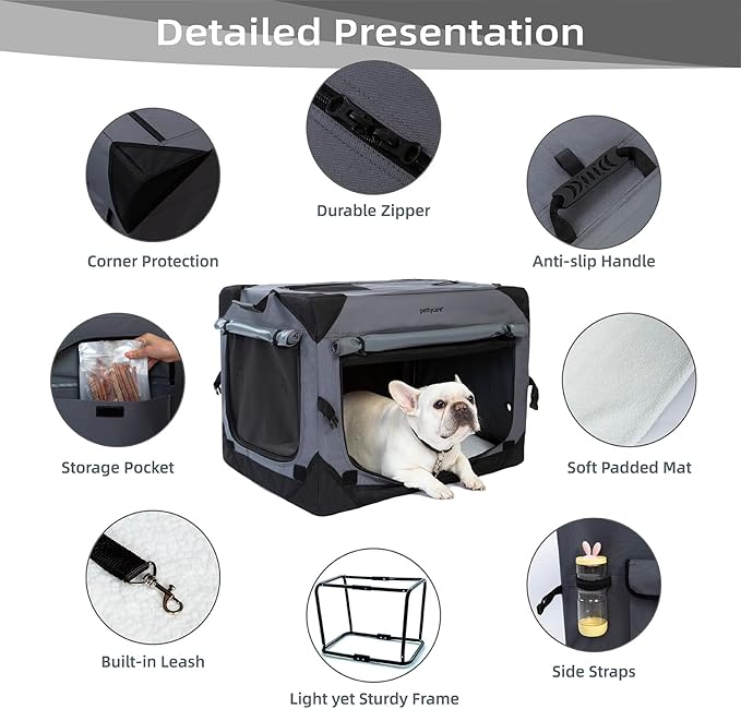Pettycare 36 Inch Collapsible Dog Crate with Curtains Travel Dog Crate for Airflow and Calm Soft Pet Kennel with Portable Bag and More Chew Proof Mesh Indoor & Outdoor Grey 4 Door Curtains