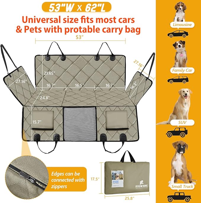 Back Seat Extender for Dogs-Large Space, Dog Car Seat Cover Hard Bottom Holds 400lbs, Sturdy Backseat Extender for Dogs, Waterproof Dog Hammock for Car Dog Car Bed for Car, SUV, Truck Khaki