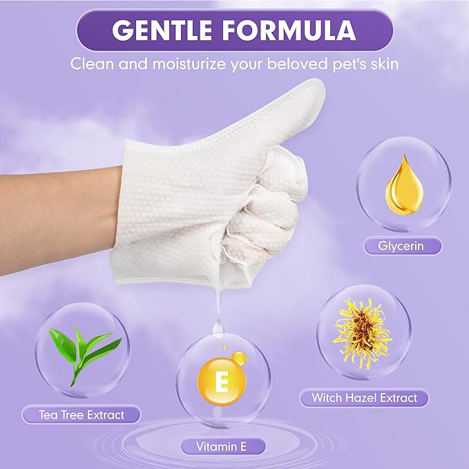 cyeollo Pet Cleaning Wipes for Dogs Fur & Butt, Dog Dry Grooming Bath Glove Wipes for Deodorizing, Lick Safe Cats Cleaning Wipes, Wash Free, 12PCS
