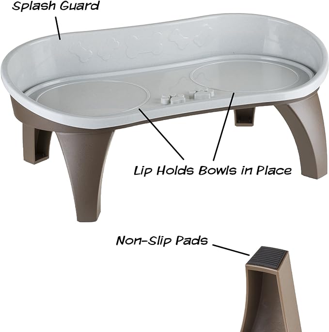 PETMAKER Elevated Pet Feeding Tray with splash guard and non-skid feet 21in x 11in x 8.5in, Brown