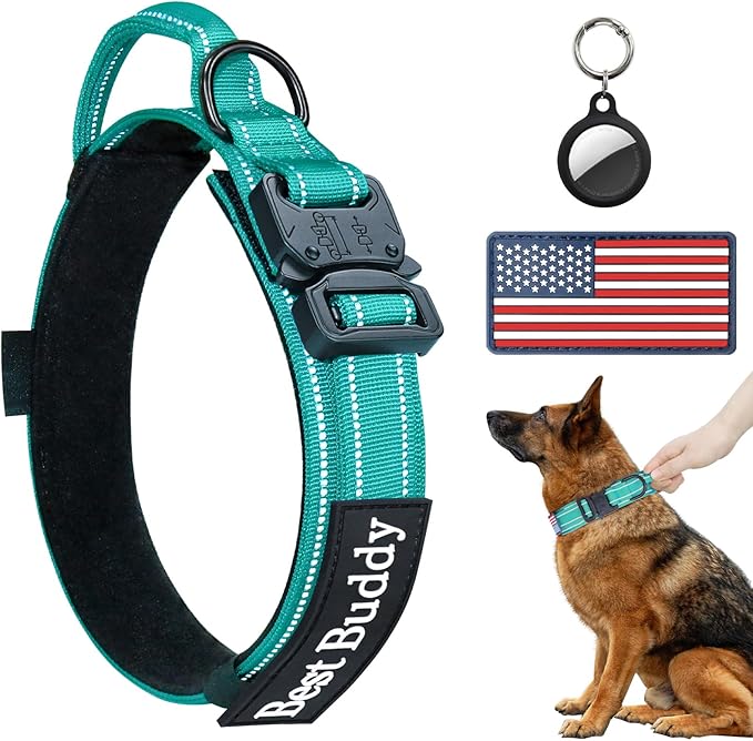 AUBELL Tactical Dog Collar - Adjustable Military Training Nylon Reflective Collar with Handle and Heavy Duty Durable Metal Buckle for Medium Large Dogs, with Airtag Holder and Patches(Teal, L)