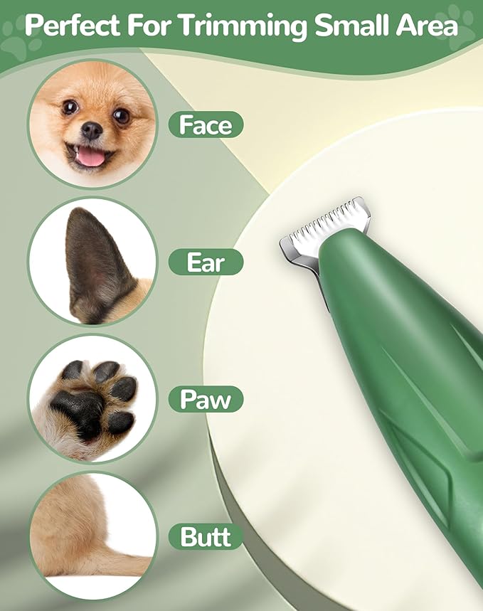 LEYOUFU Dog Clippers for Grooming, 2 Speed Low Noise Cordless Dog Paw Trimmer, Rechargeable Small Pet Hair Trimmer for Grooming, Cat Hair Clippers Shaver for Paws, Eyes, Ears, Face, Rump (Green)