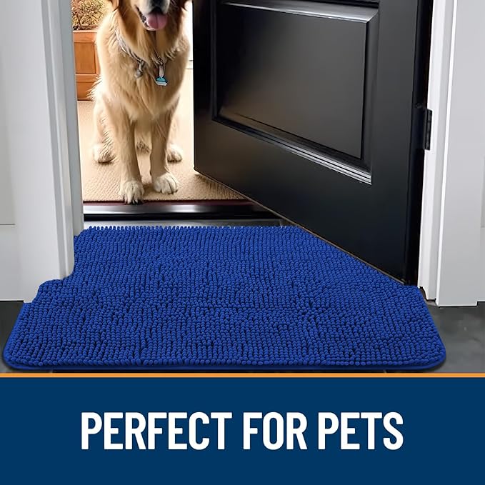 OLANLY Dog Door Mat for Muddy Paws 36x24, Absorbs Moisture and Dirt, Absorbent Non-Slip Washable Mat, Quick Dry Chenille, Mud Mat for Dogs, Entry Indoor Door Mat for Inside Floor, Royal Blue