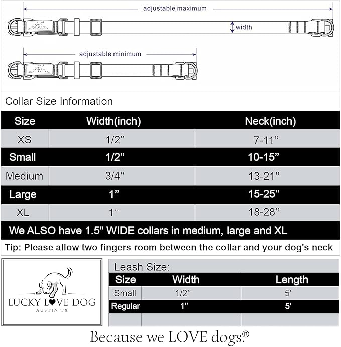 Lucky Love Dog, Adjustable Fun Style Collar and Leash Set for Dogs, Bright Color Matching Dog Collar and Leash - (X-Small, SOCO Combo)