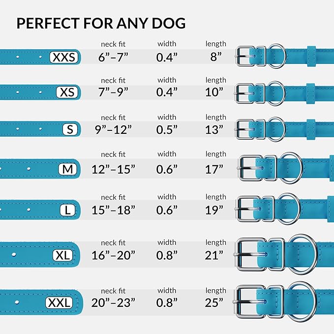 CollarDirect Rolled Leather Dog Collar, Soft Padded Round Puppy Collar, Handmade Genuine Leather Collar Dog Small Large Cat Collars 13 Colors (8-11 Inch, Light Blue Textured)