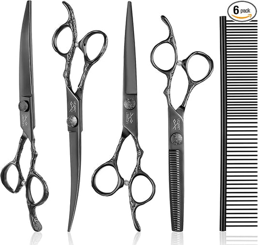 JASON Dog Grooming Scissors Set Professional 6 in 1 Dog Shears Kit - 6.5" Thinning, 7" Straight, 7" Up-Curved, 7" Down-curved Shears and Comb for Dog Cat Pet with Adjustable Screw (Black)