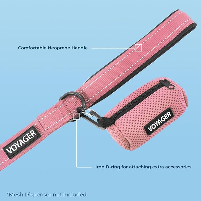 Voyager Reflective Dog Leash Collar Set with Neoprene Handle Supports Small, Medium, and Large Breed Puppies, Cute and Heavy Duty for Walking, Running, and Training - Pink, S