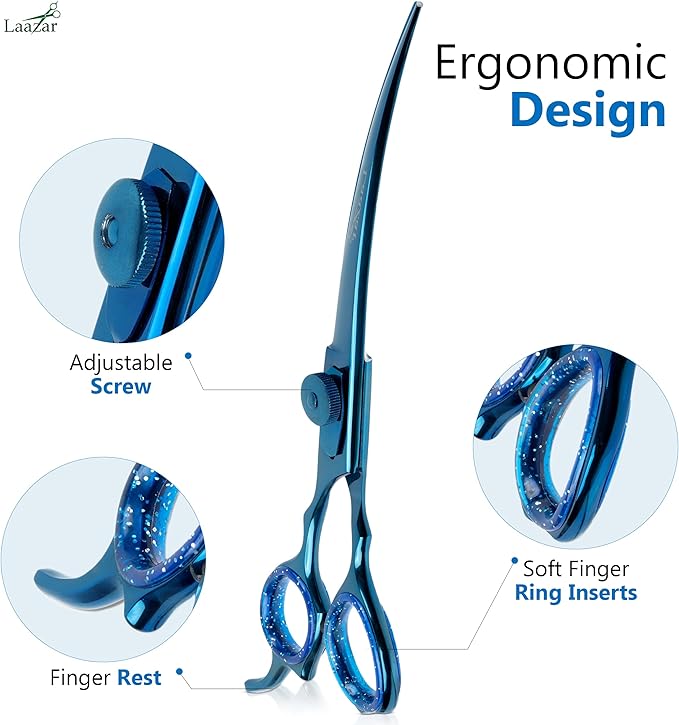 Laazar Dog Grooming Scissors - 7.5 Inch Curved Grooming Scissors for Dogs, 440C Stainless Steel Pet Grooming Scissors with Finger Rest & Case, Dog Shears for Grooming, Cat Grooming Supplies